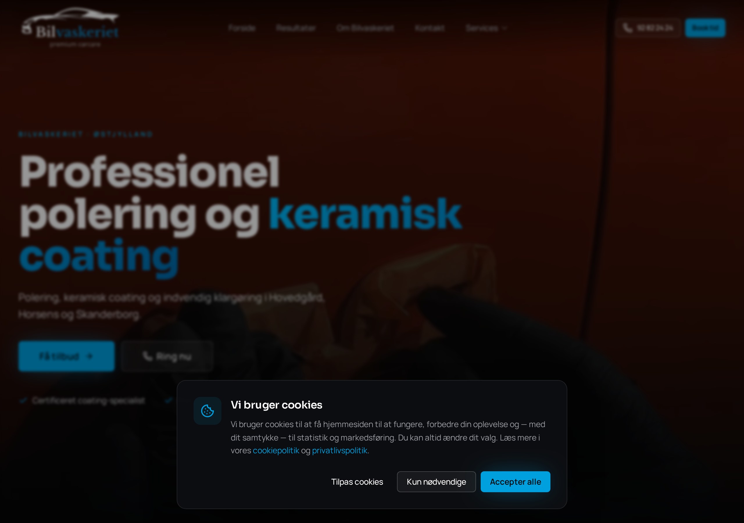 Forsiden af hjemmesiden for Bilvaskeriet